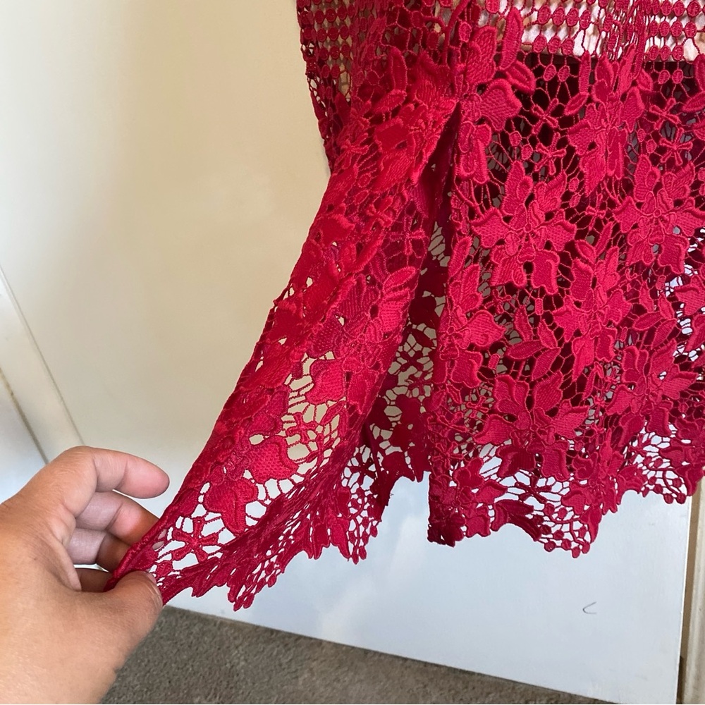 Dress The Population Red Lace Midi Dress XL Bodycon Floral Cocktail Party - Picture 8 of 13